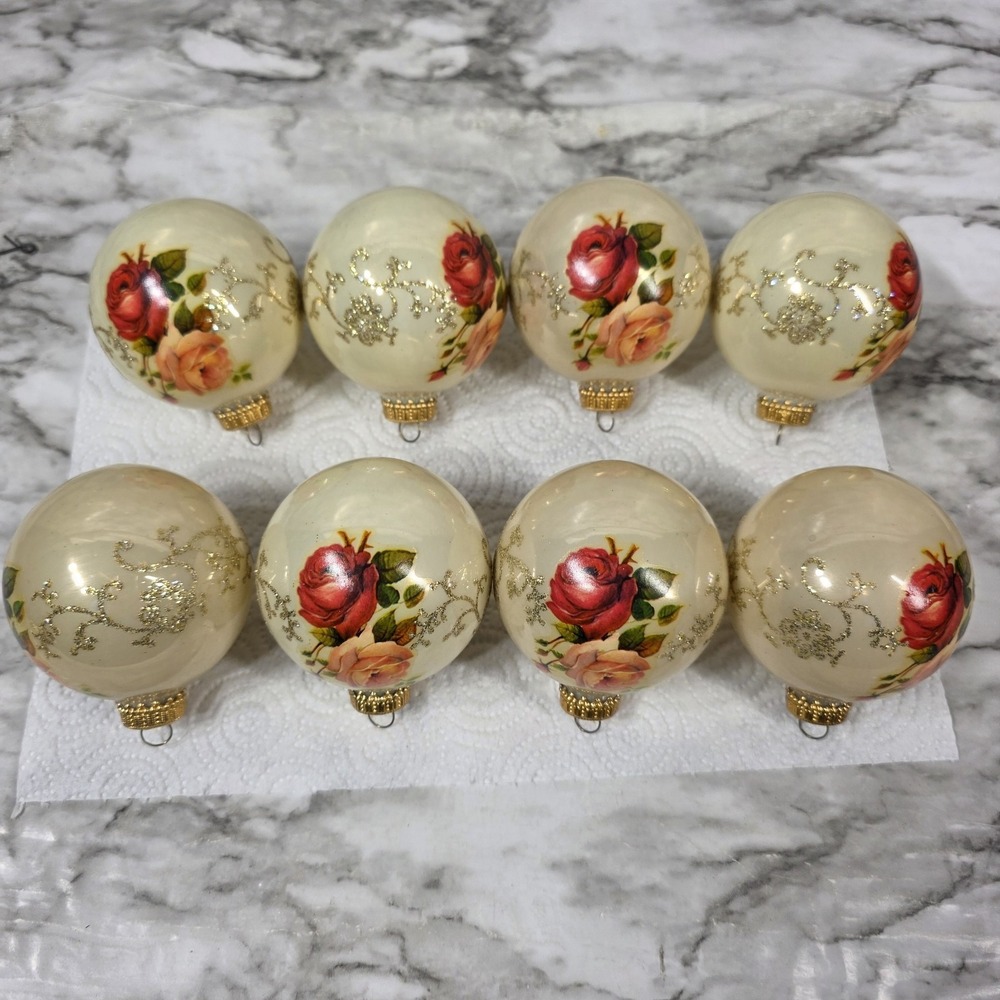 Vintage Christmas by Krebs Rose Floral Glass Ornaments Set of 8 NO BOX - Picture 5 of 5